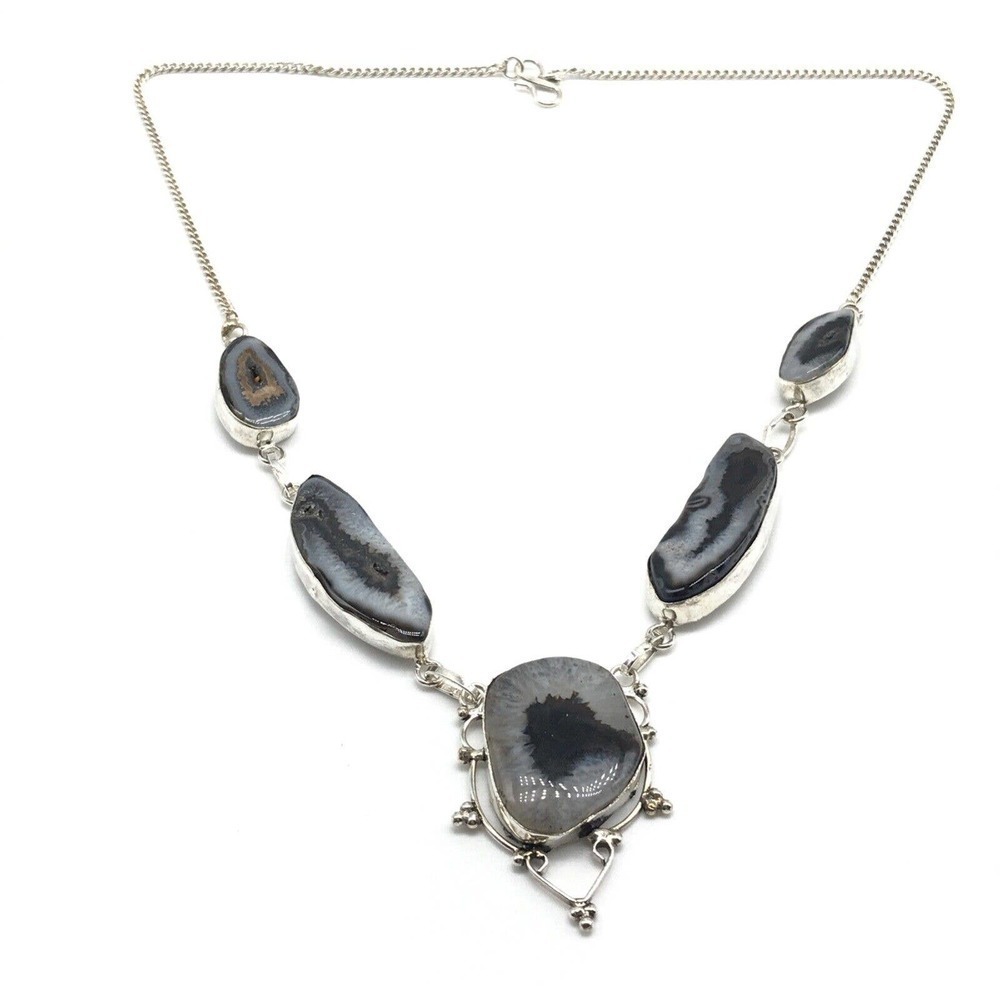 925 Sterling Silver Quartz Unique Chunky Stone Statement Necklace